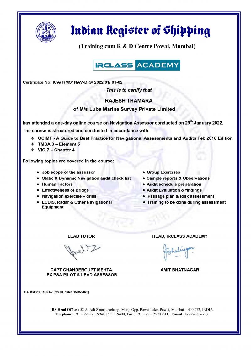 Navigation assesor certificate